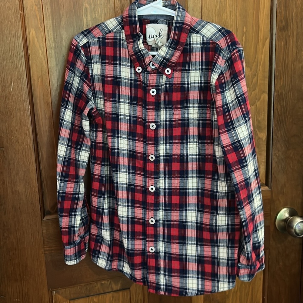 Peek Boys Button Down Plaid Shirt Blue Red White M 6-7 - Picture 6 of 6